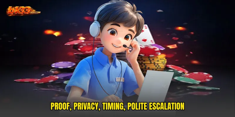 Proof, privacy, timing, polite escalation